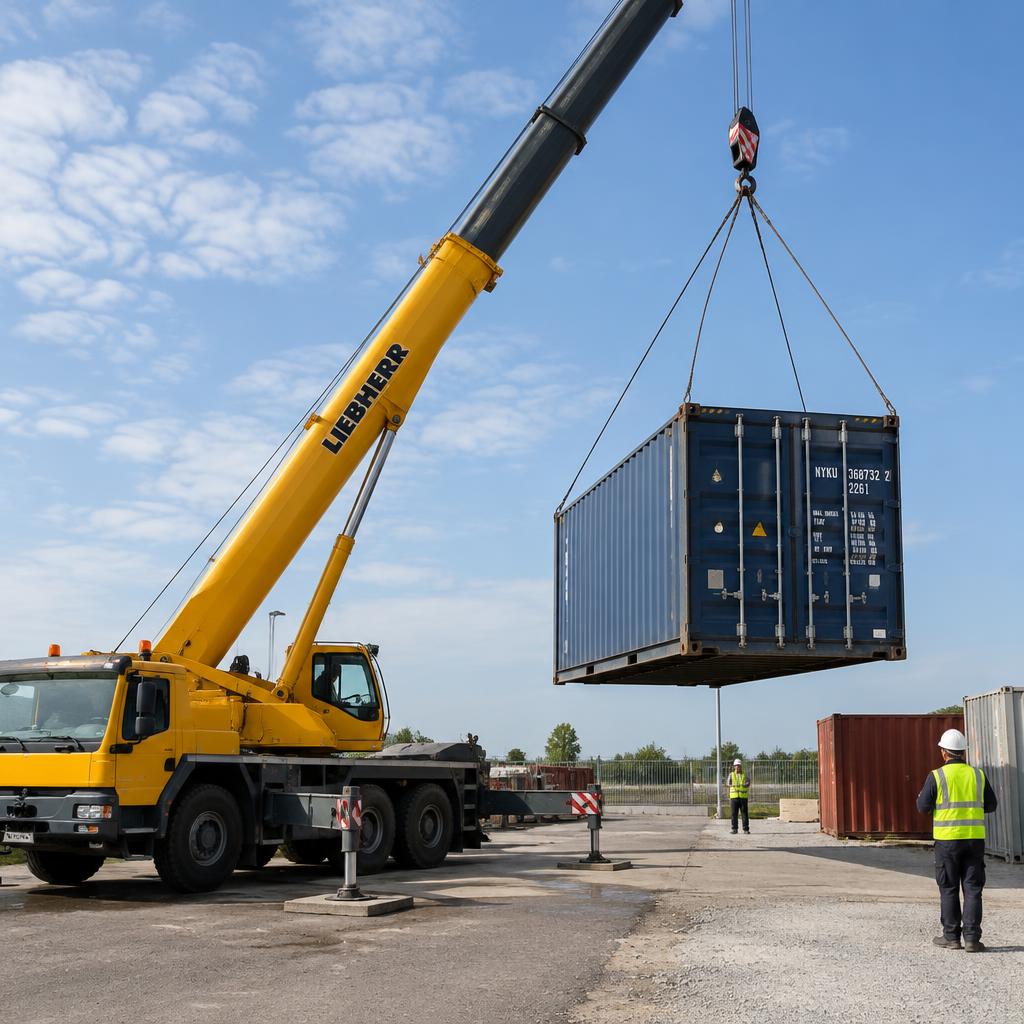 Entrega de container com caminhão guindaste